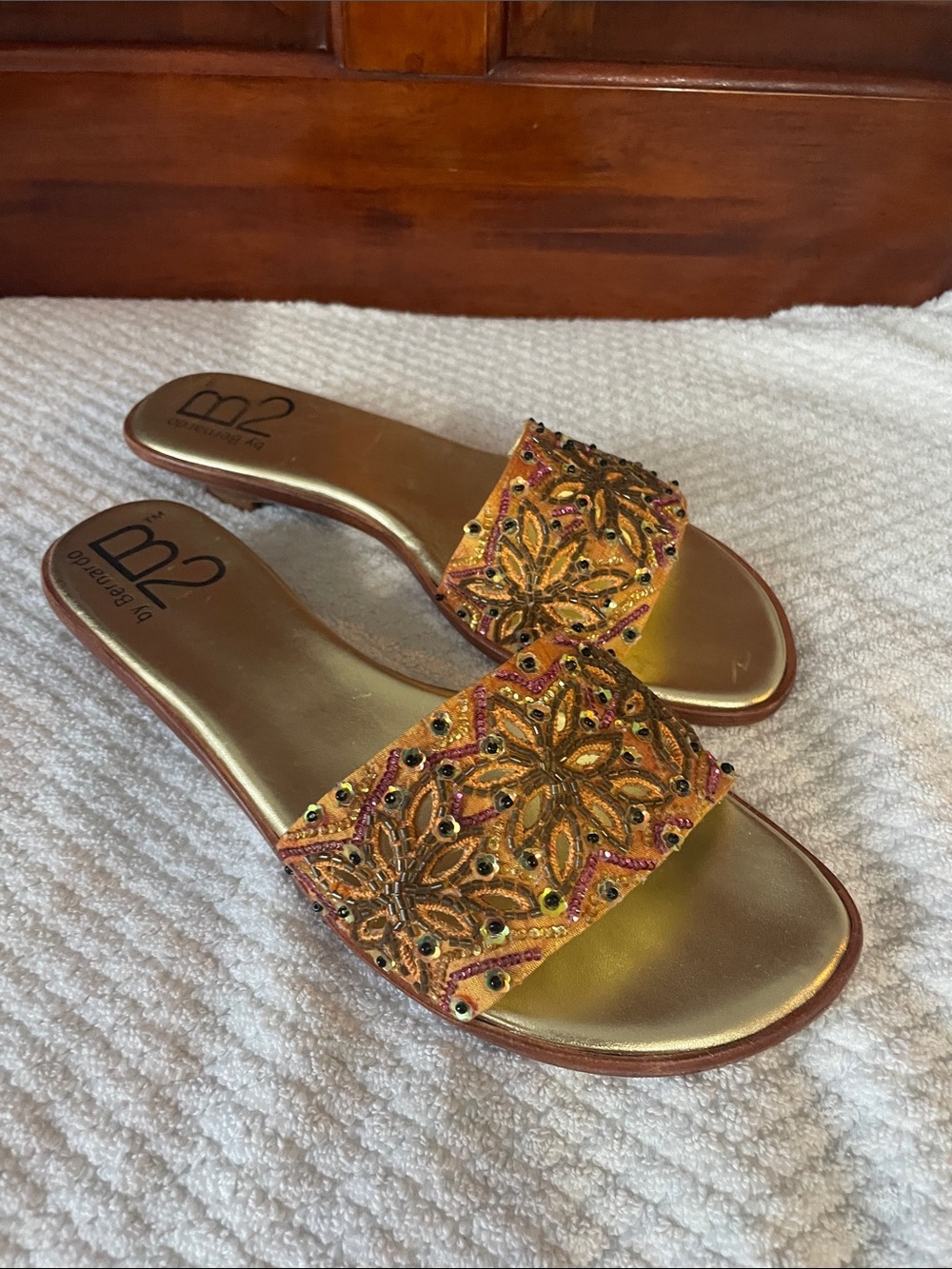 Embroidered Gold Slide Sandals with Bead Accents